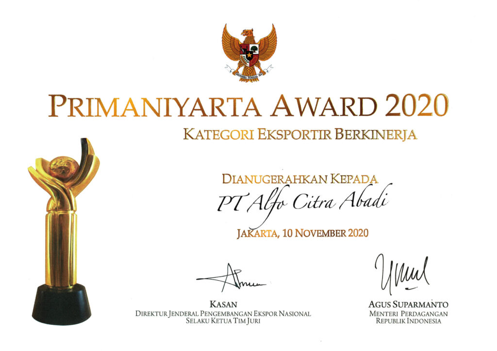 PT. Alfo Citra Abadi’s Primaniyarta 2020 Certificate for Outstanding Aluminium Extrusion Exports