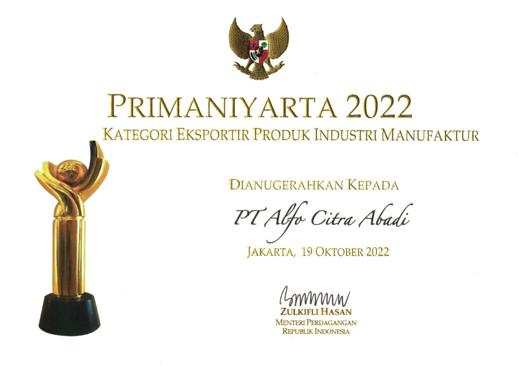 Best Aluminium Extrusion Factory Award Certificate – PT. Alfo Citra Abadi, Leading Manufacturer & Exporter