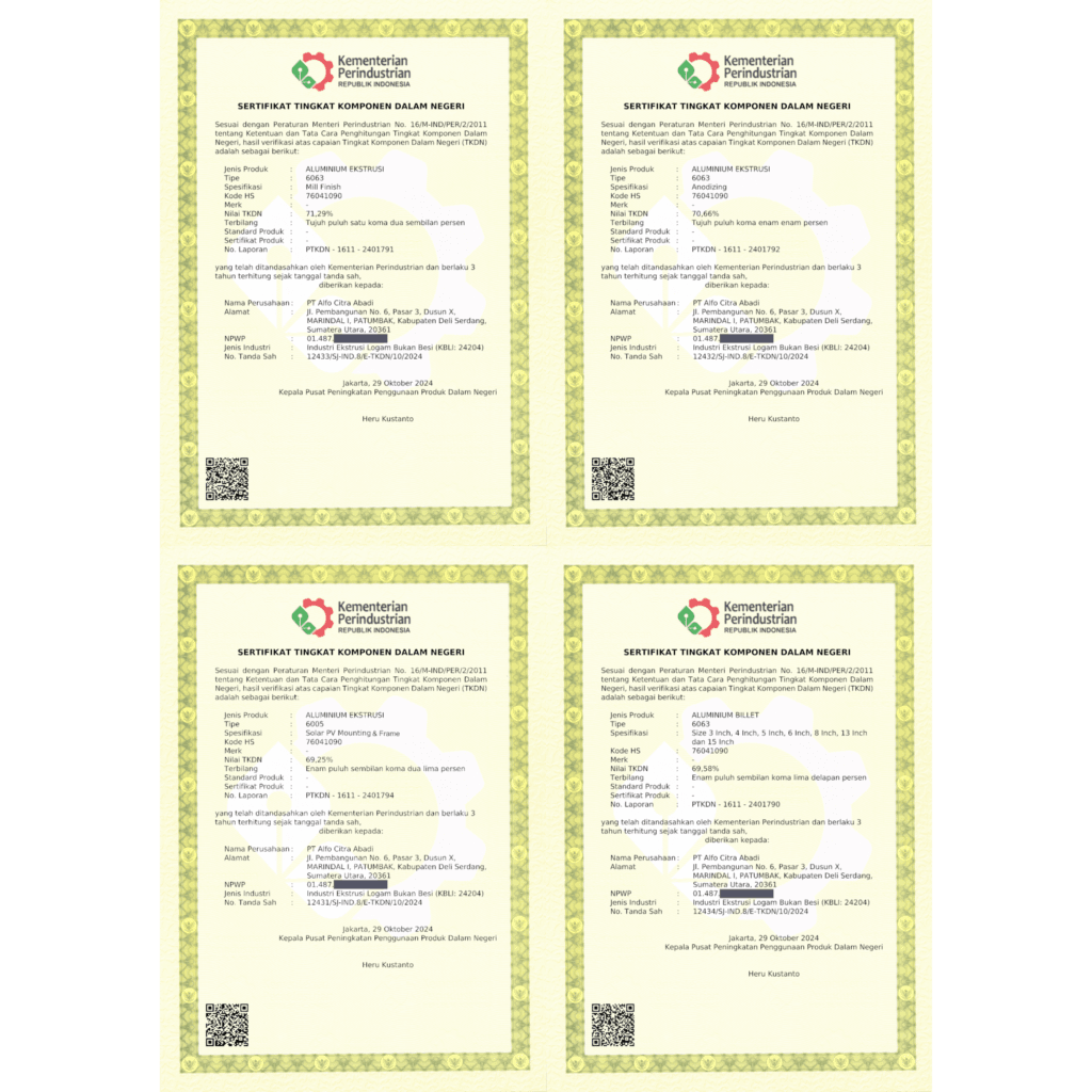 TKDN Certificate for Aluminum Extrusion Industry