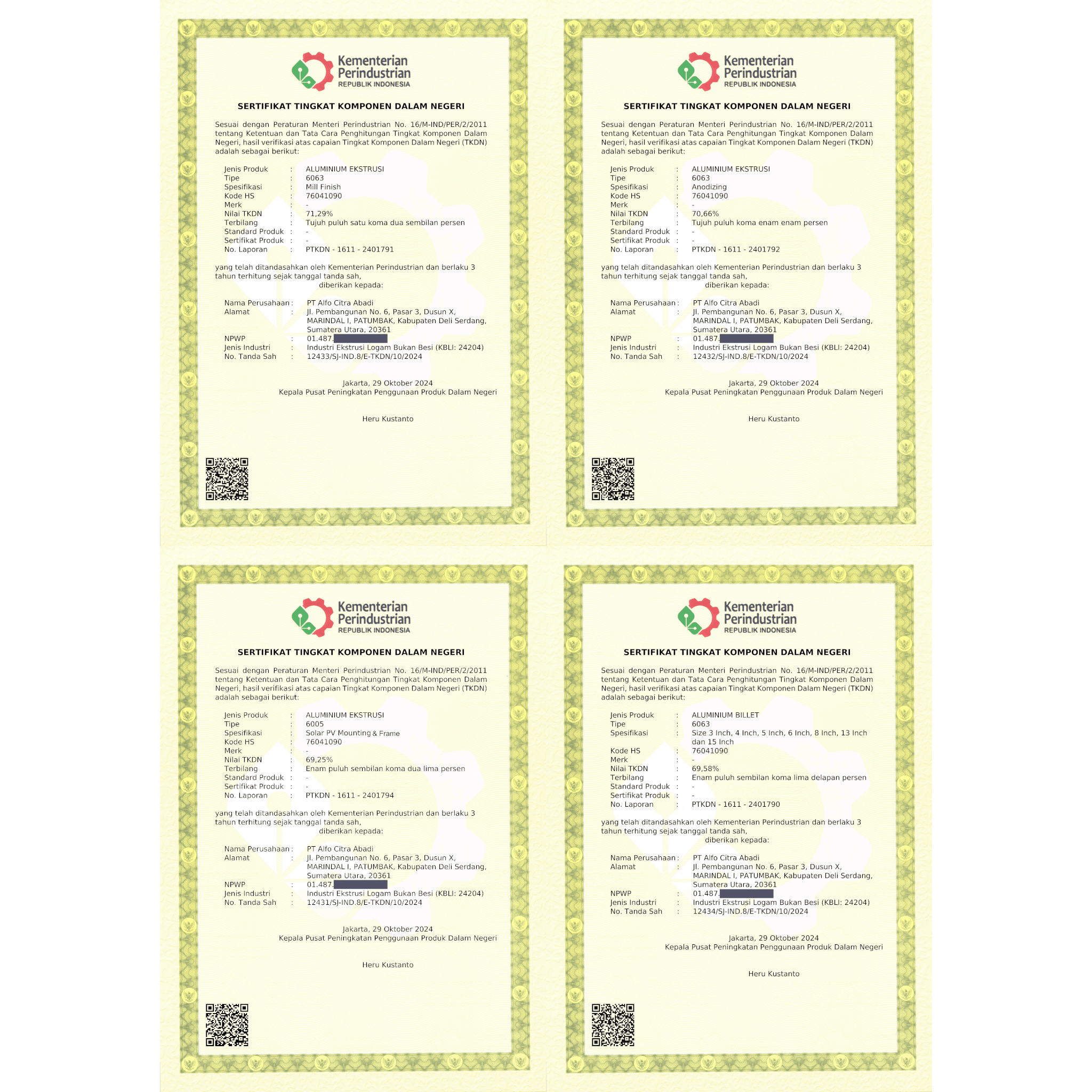 TKDN Certificate for Aluminum Extrusion Industry