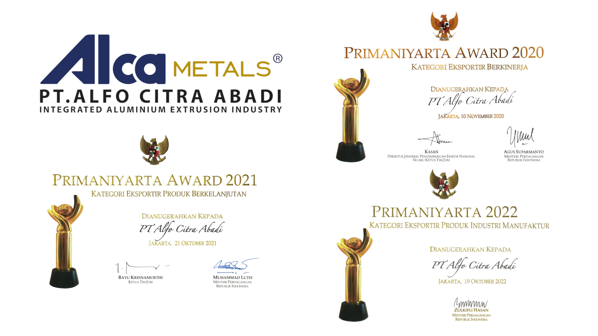 Aluminium Extrusion ALCA METALS Factory Award Certificate